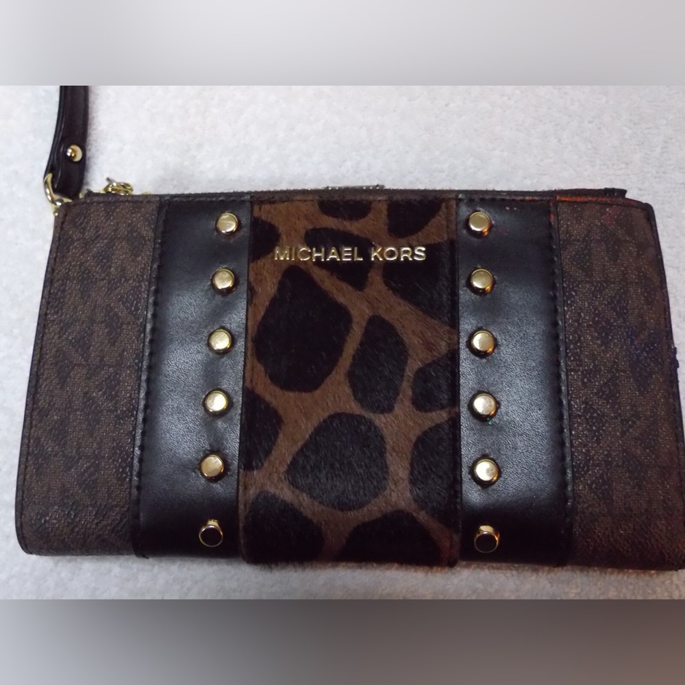 Michael Kors Adele Studded Animal Print Double Zip Wristlet Wallet